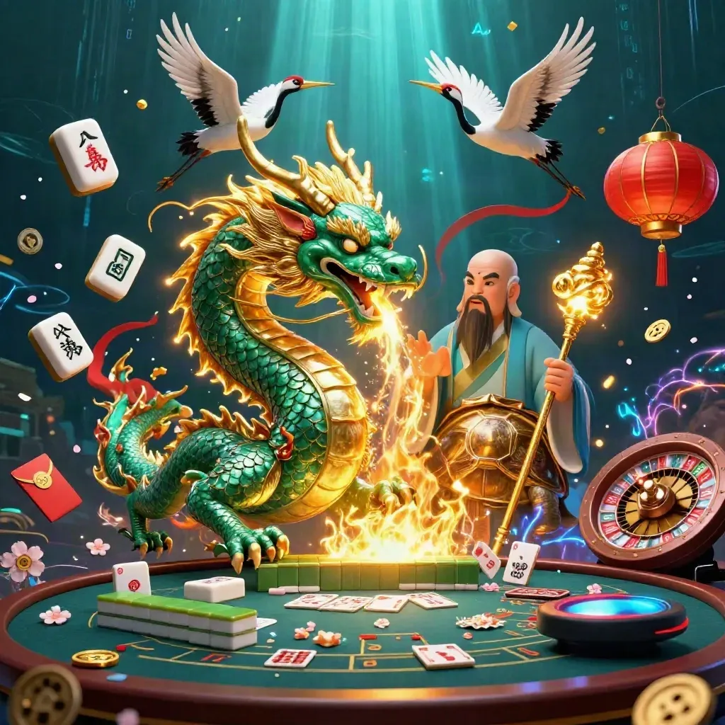 Jade dragon, turtle sage and cranes amid casino treasures in a neon underwater storm.