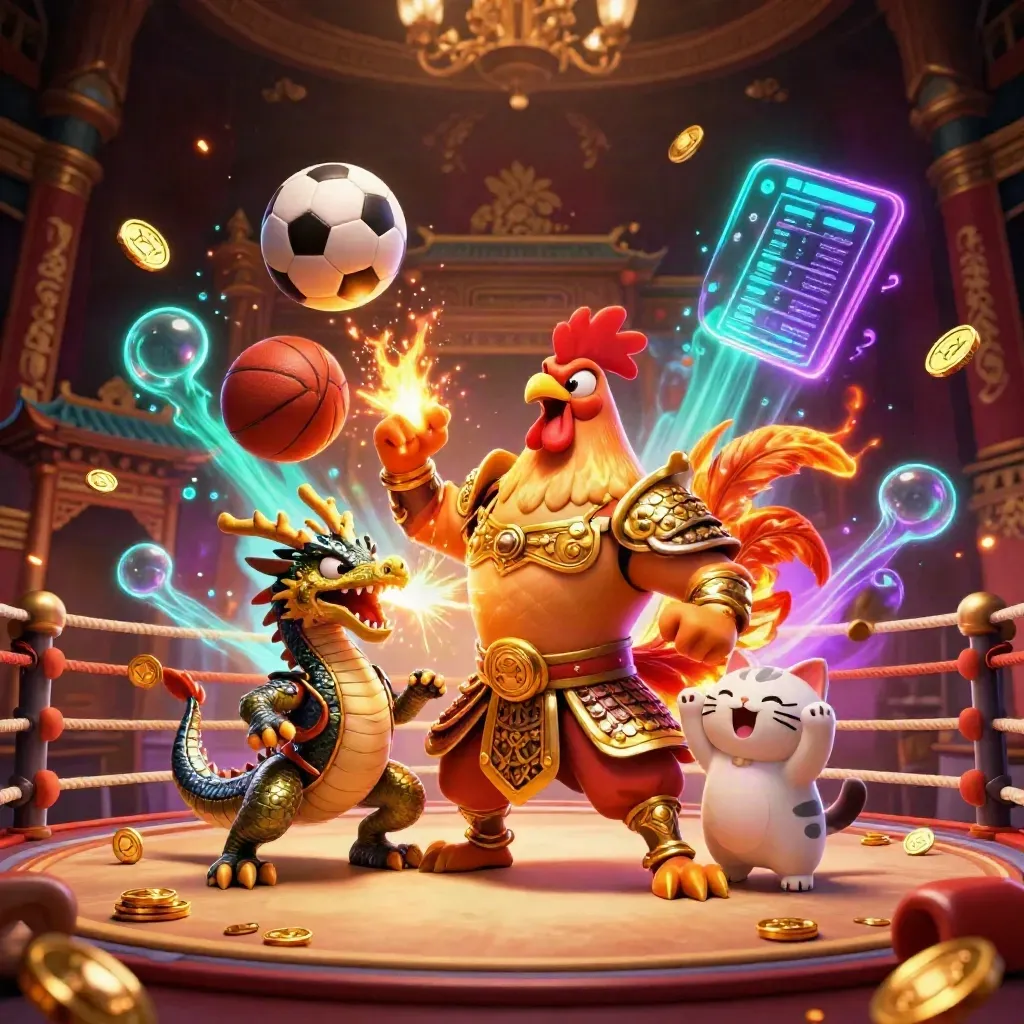 Rooster warrior, dragon hatchling and fortune cat amid sparks, coins, temple gate and neon casino glow