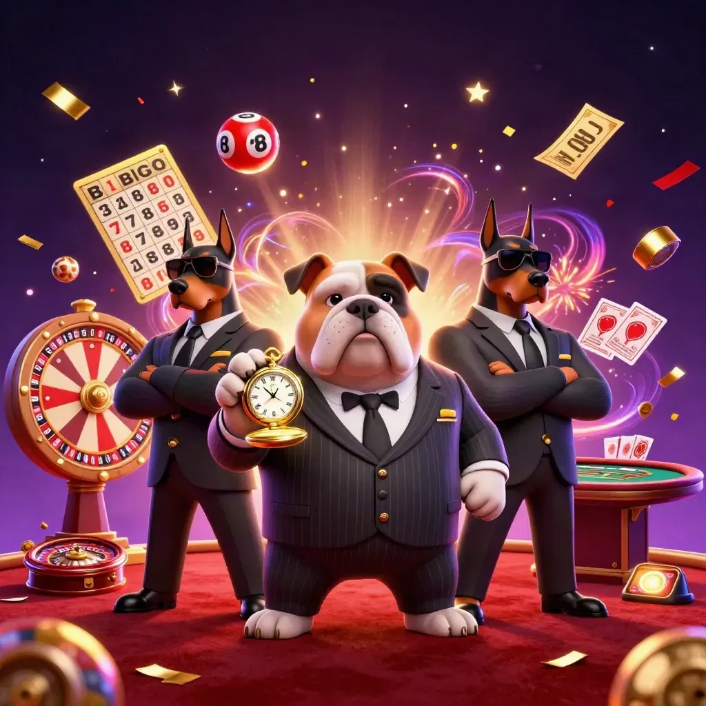 Bulldog casino boss with Doberman guards amid roulette, bingo, cards, and fireworks.