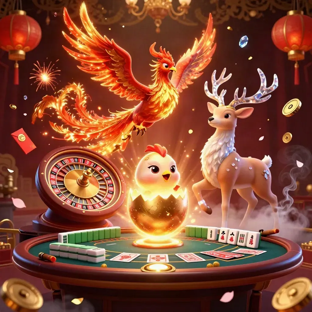 Phoenix, baby phoenix, and crystal stag amid casino luxe, lanterns, coins, and a spinning wheel.