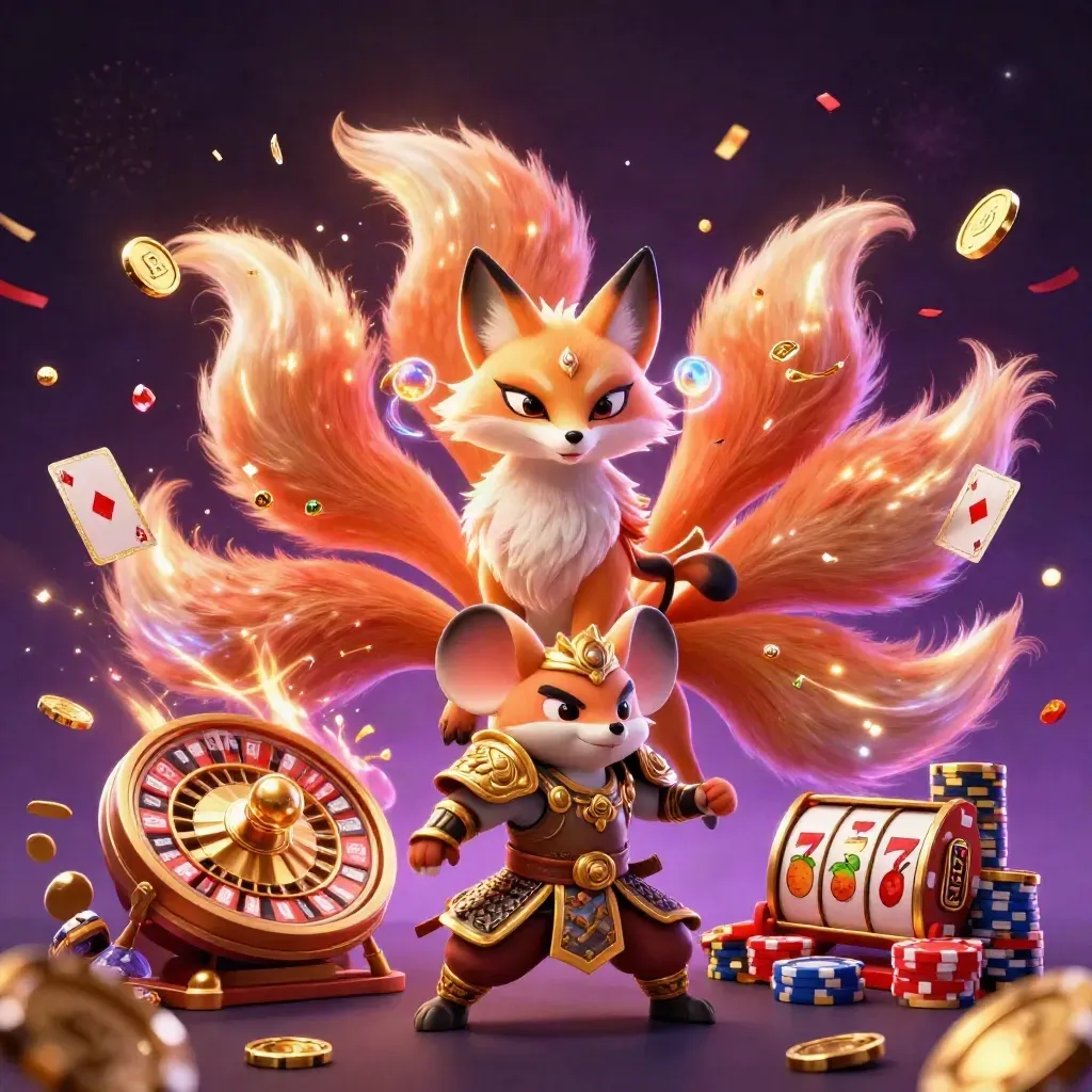 Neon fox spirit and armored mouse amid casino riches, roulette, cards, chips, and magic.
