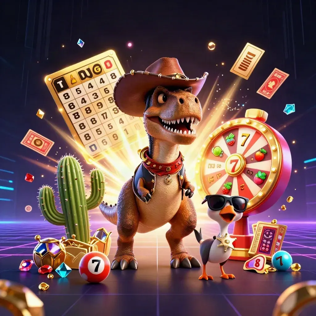 Cowboy T-Rex, cactus sidekick, and roadrunner burst amid casino treasures and neon energy.