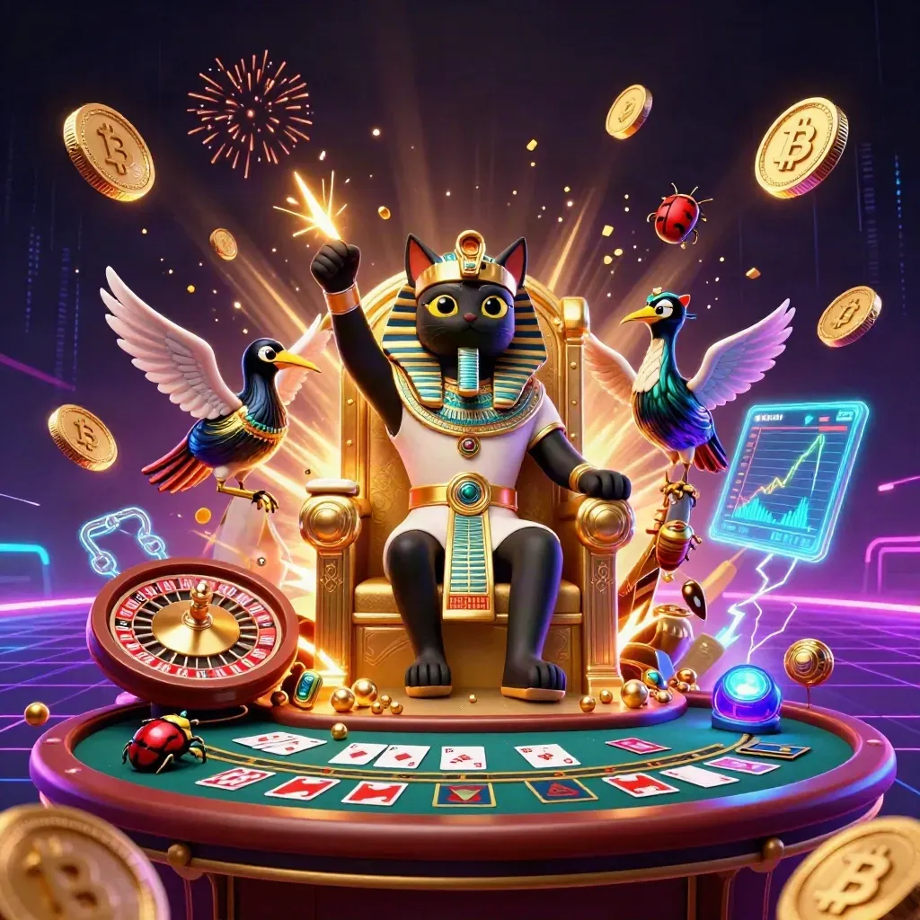Pharaoh cat, ibis scribe and gem-wing scarabs amid gold coins, roulette wheel and neon casino energy