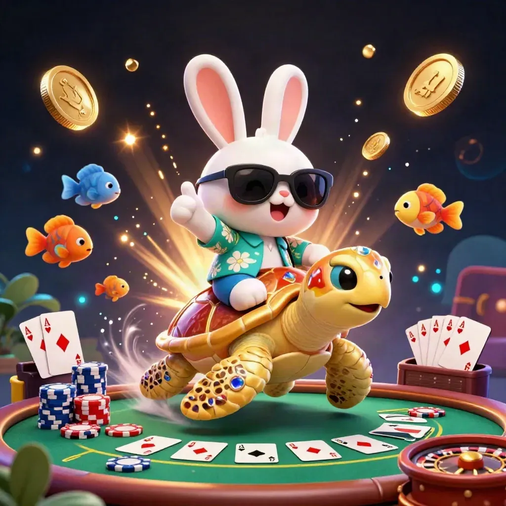 Lucky rabbit on a gold sea turtle amid casino coins, chips, cards, roulette and fireworks.
