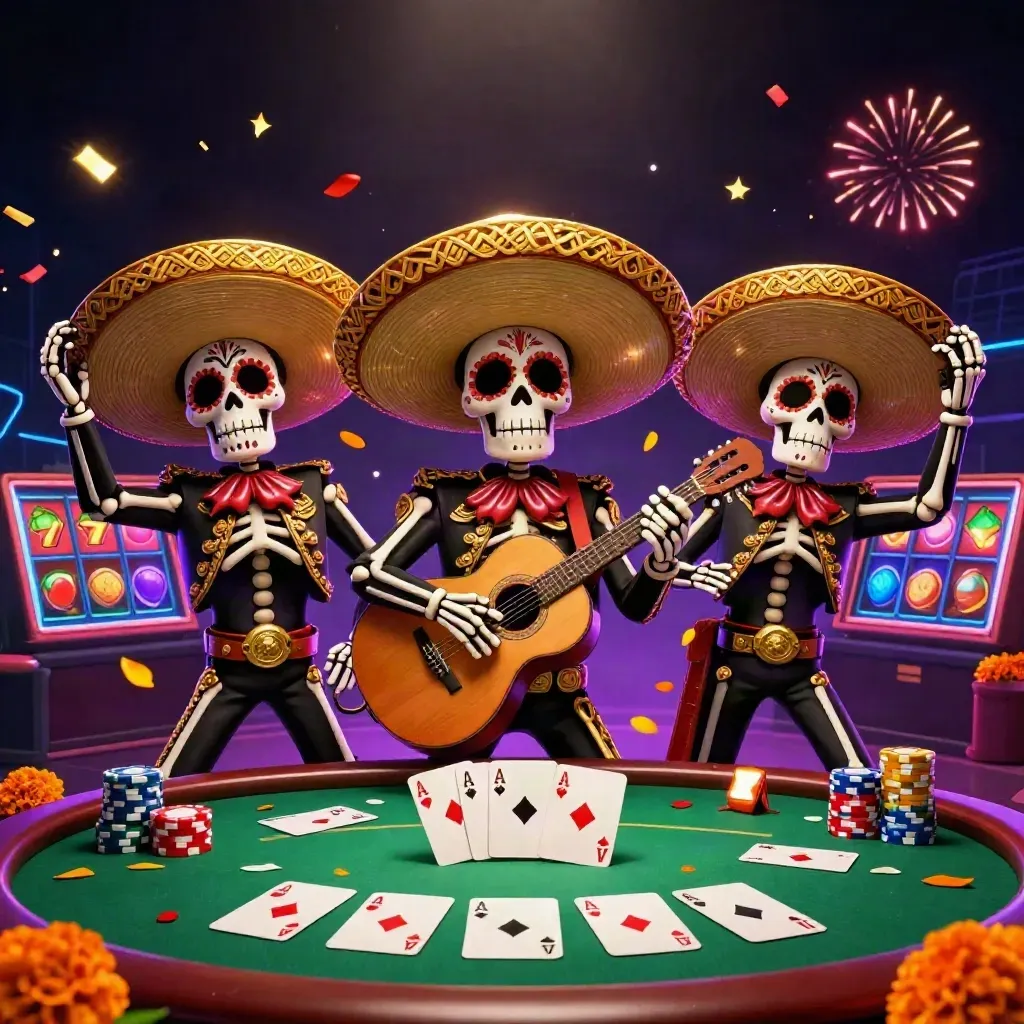 Skeleton mariachi trio amid casino chips, cards, reels, confetti, and neon-lit darkness.